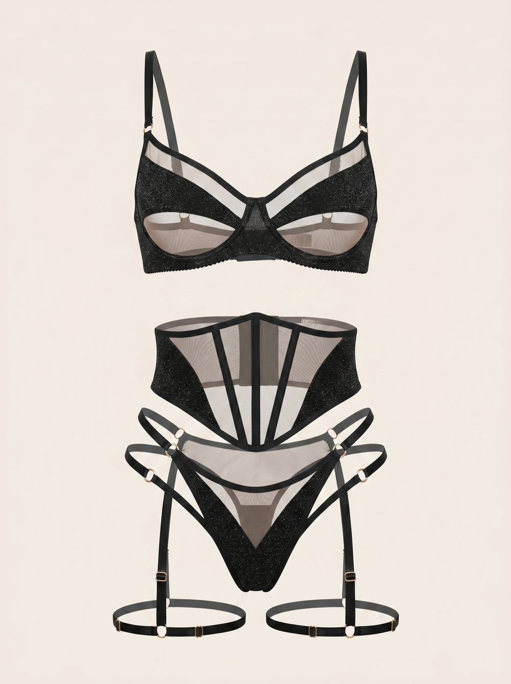 Set di lingerie nero in rete con spalline, stringivita e dettagli cut-out