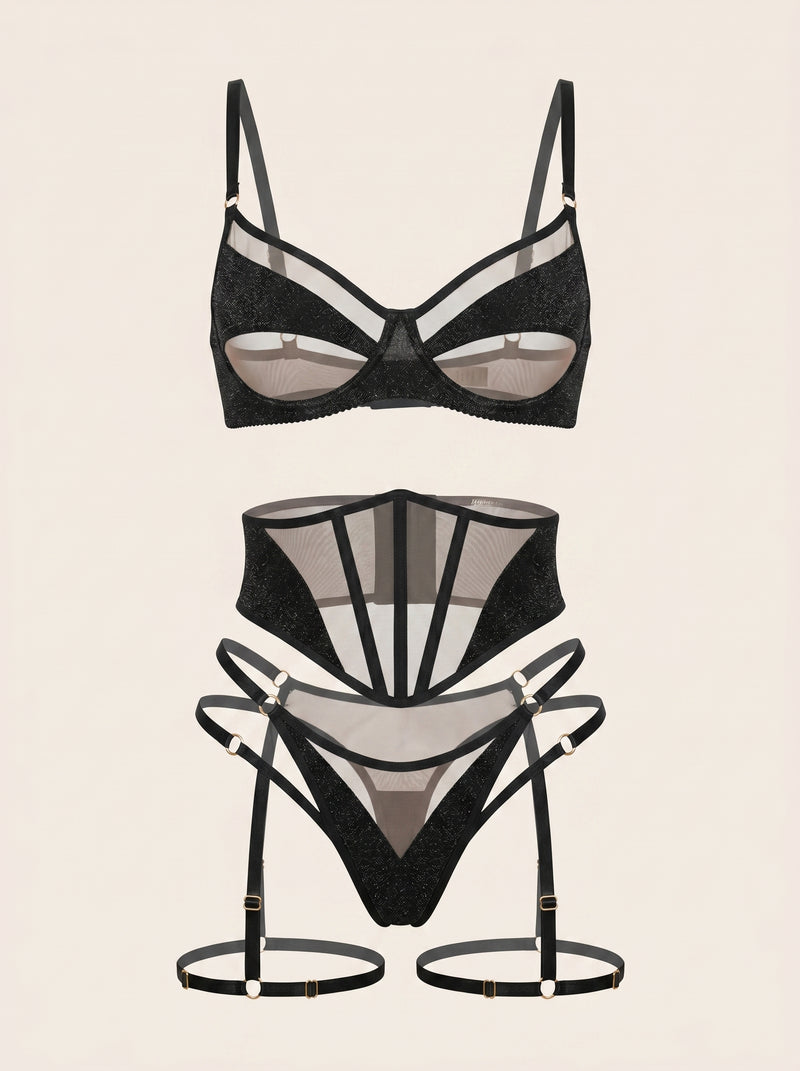 Strappy Black Mesh Bodysuit with Cutout Detailing
