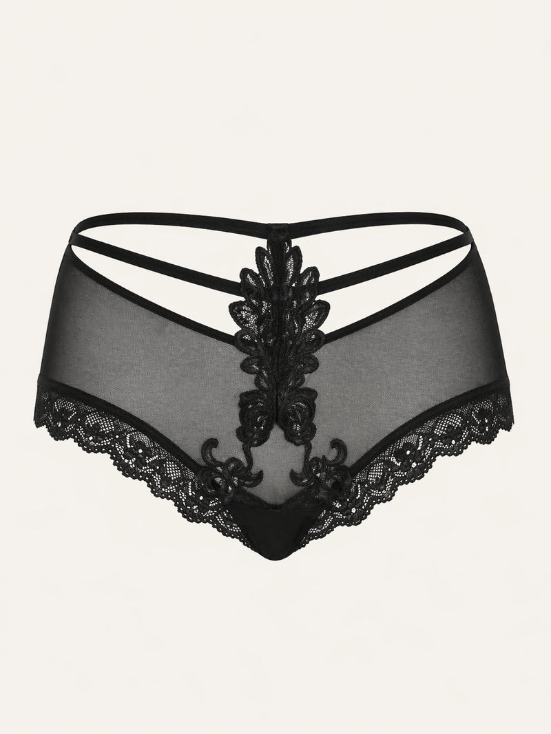 Strappy Black Mesh Panty with Lace Trim