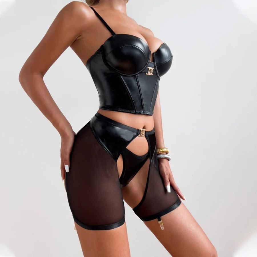 Strappy Black Satin Lingerie Set with Sheer Details-Lingerie Set-Bellascena-bellascena