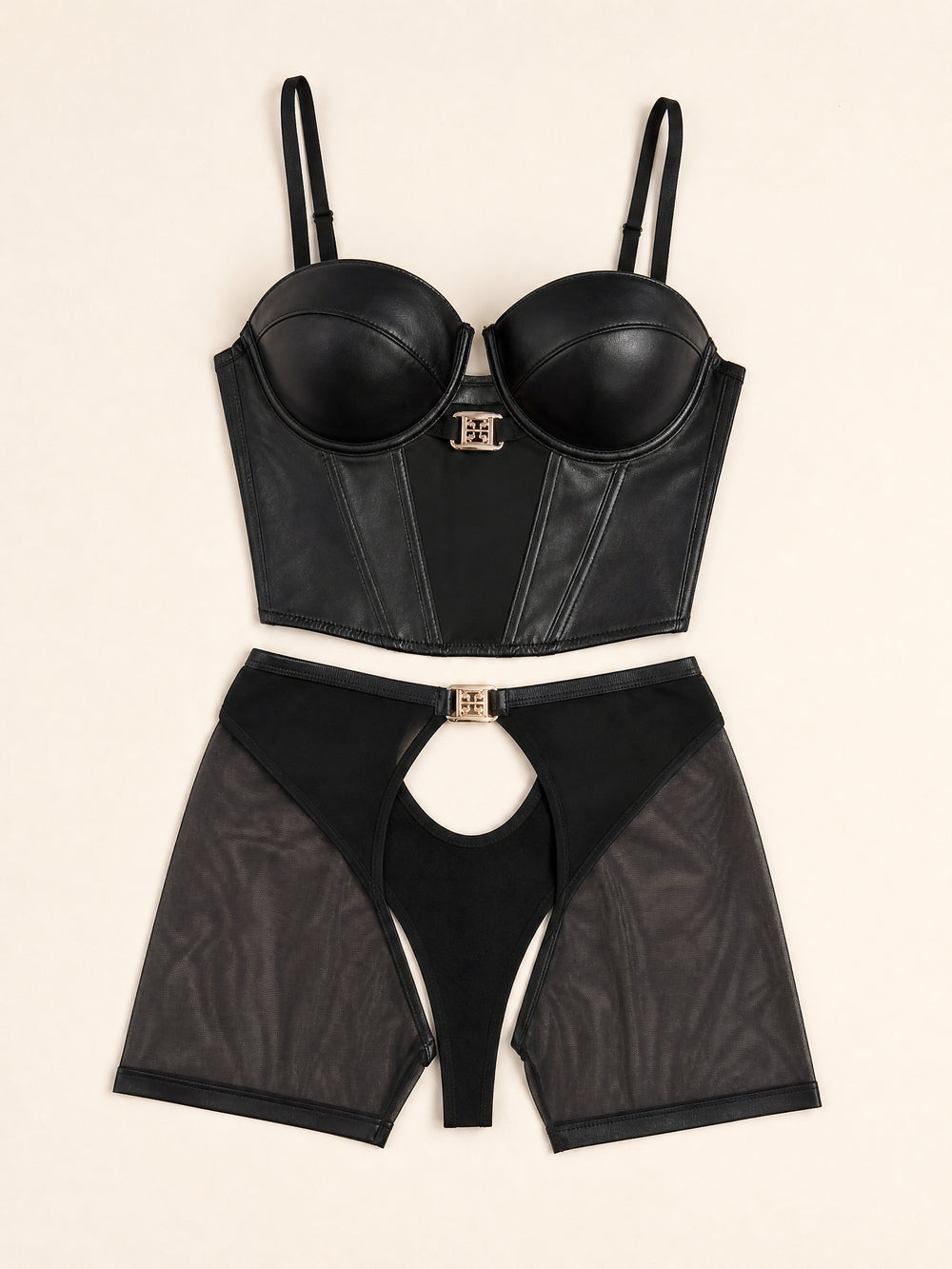 Strappy Black Satin Lingerie Set with Sheer Details