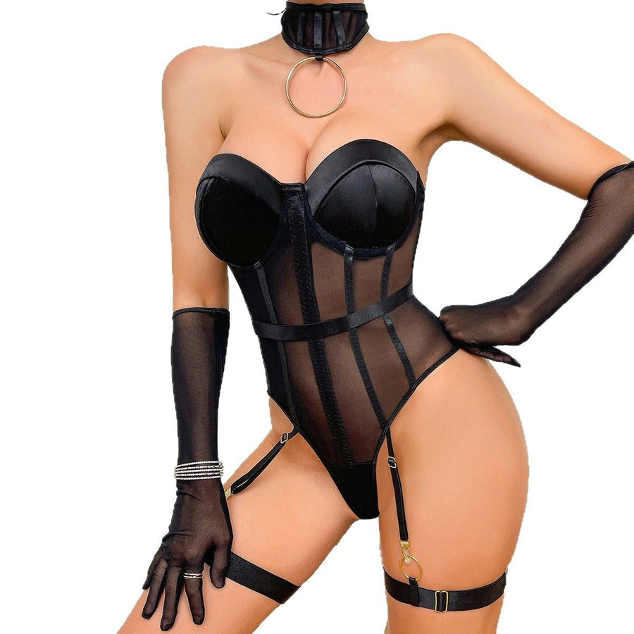 Strappy Black Sheer Mesh Bodysuit with Cutout Detail-Bodysuit-Bellascena-bellascena