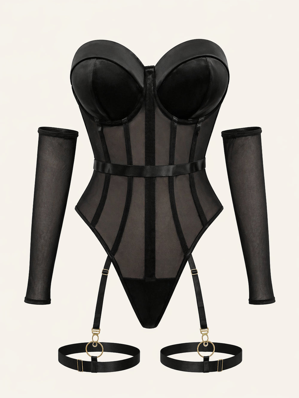 Bustino nero trasparente in rete con spalline, maniche e dettagli cut-out
