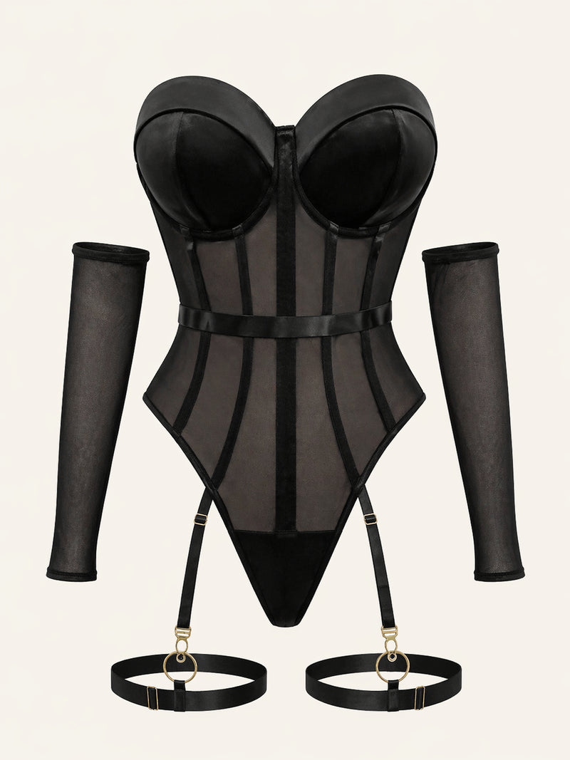 Strappy Black Sheer Mesh Bodysuit with Cutout Detail