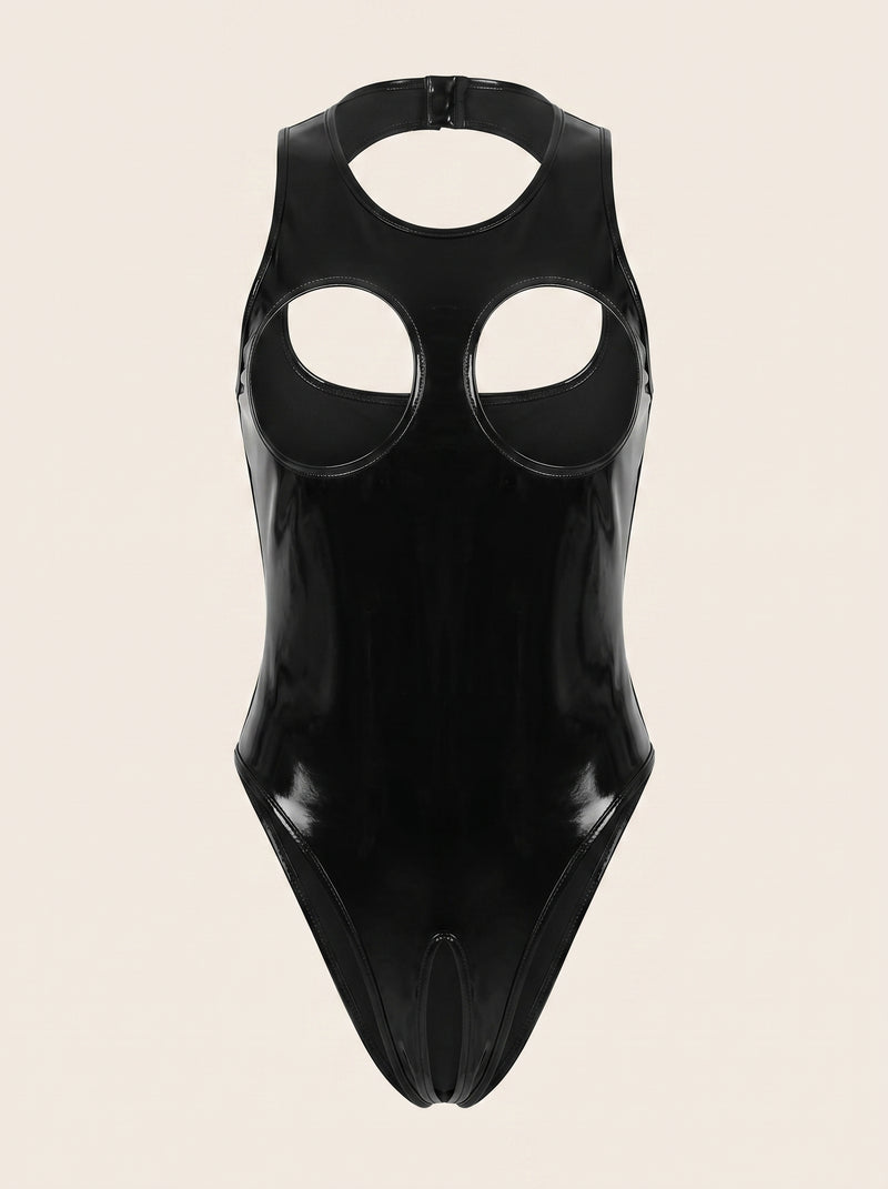 Strappy Black Shiny Fabric Teddy with Cupless Design