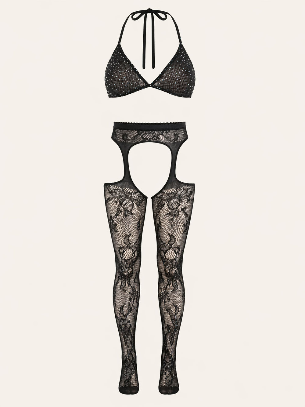 Strappy Black Lace Suspender Tights with Cutout
