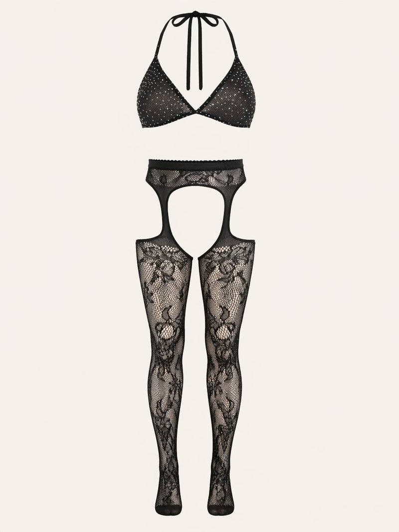 Strappy Black Velvet Bodystocking with Lace Cutout