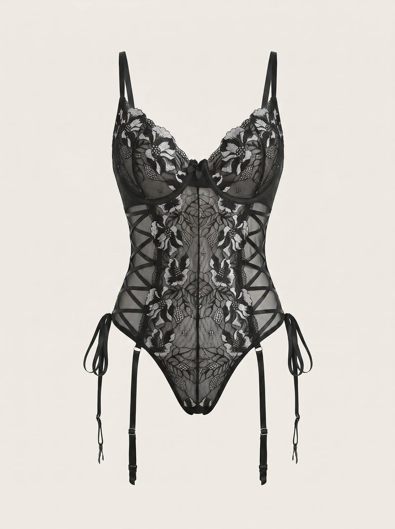 Strappy Black & White Lace Bodysuit with Underwire