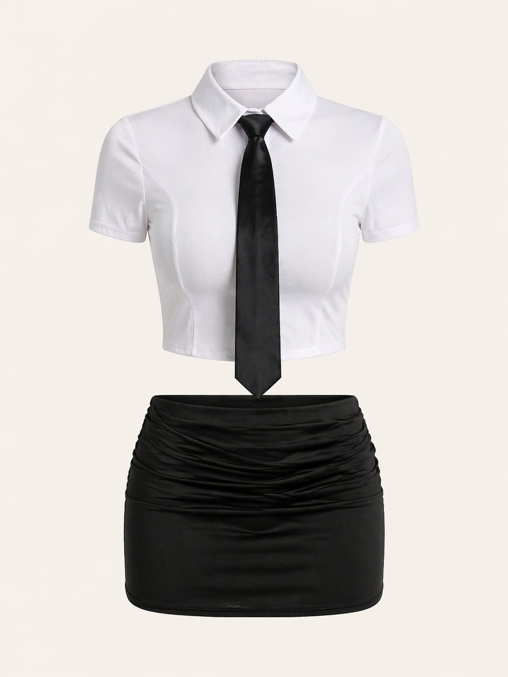 Conjunto de disfraz en blanco y negro con camisa, corbata y falda fruncida