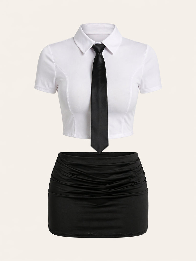 Strappy Black and White Cotton Bodysuit with Ruched Skirt