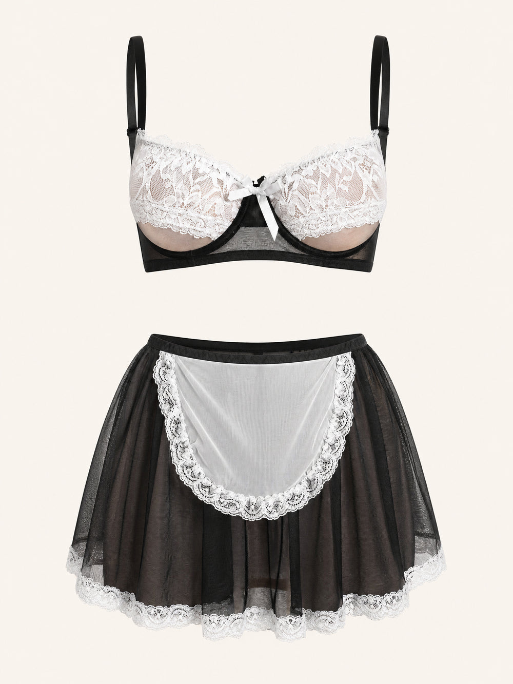 Ensemble de costume de soubrette en dentelle noir et blanc avec détail en nœud papillon