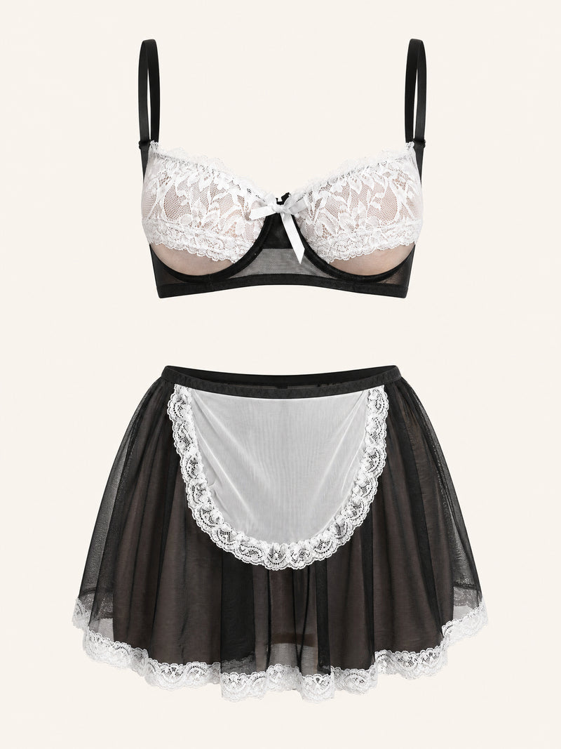 Strappy Black and White Lace Bodysuit with Bow Detail