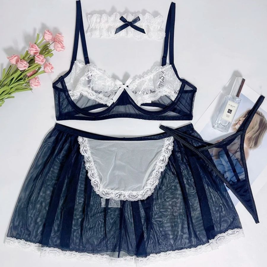 Strappy Black and White Lace Bodysuit with Ruffle Detail-Bodysuit-Bellascena-bellascena