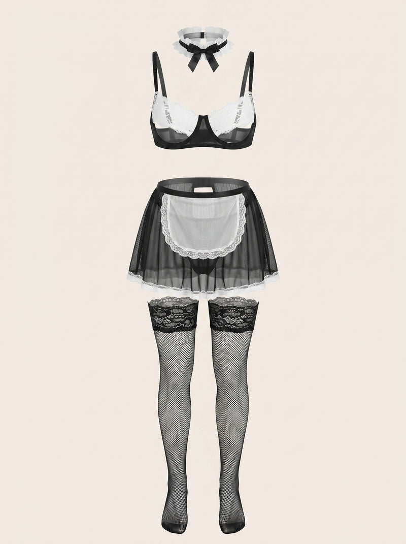 Strappy Black and White Lace Bodysuit with Ruffle Detail