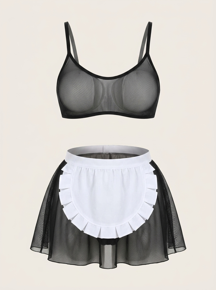 Strappy Black and White Mesh Lingerie Set with Ruffles