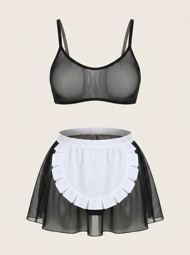 Strappy Black and White Mesh Lingerie Set with Ruffles