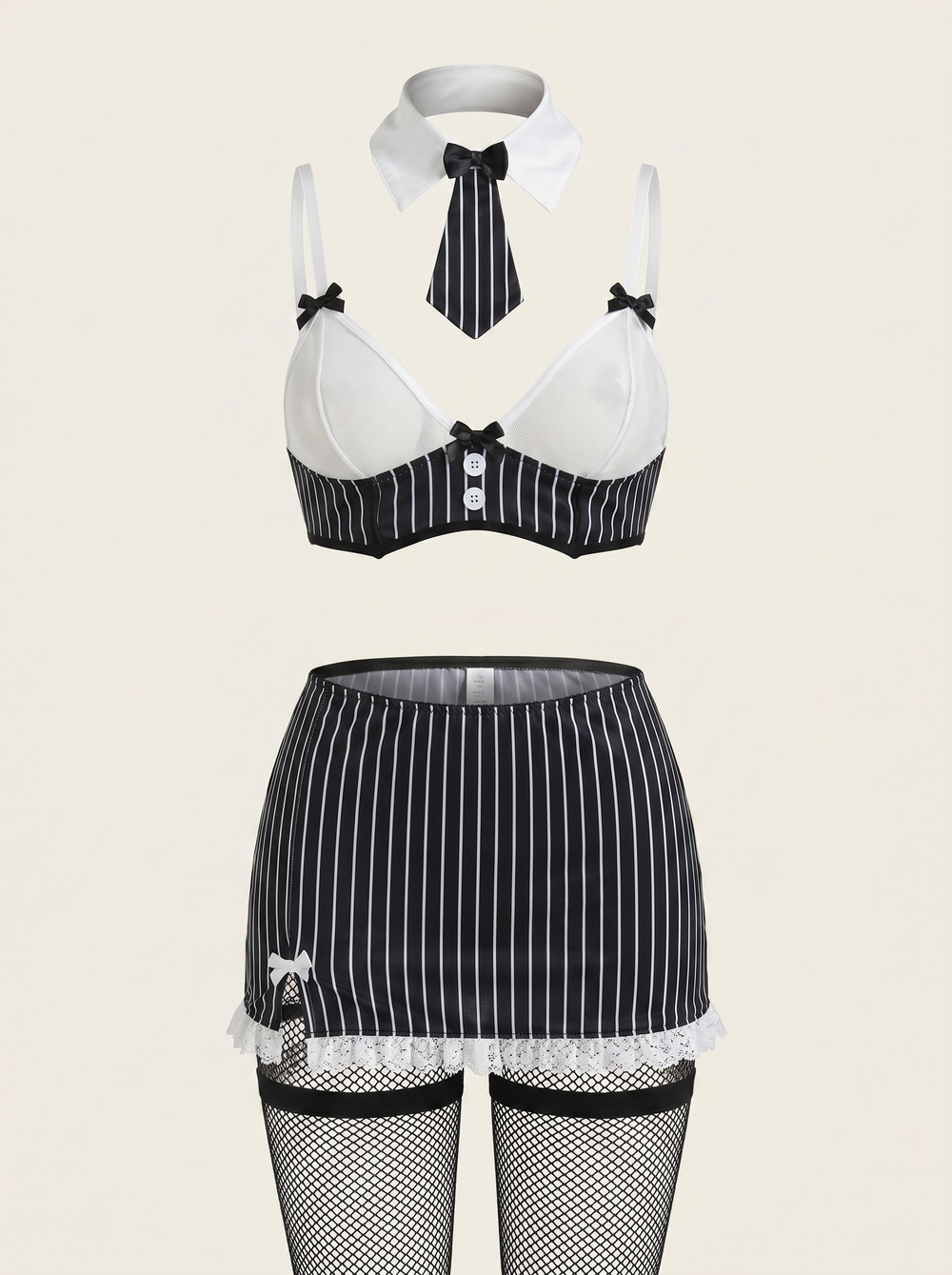 Strappy Black and White Satin Lingerie Set with Lace Trim