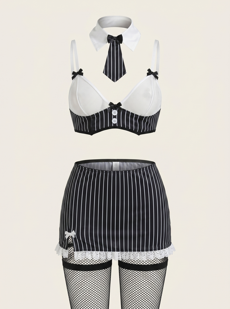 Strappy Black and White Satin Lingerie Set with Lace Trim