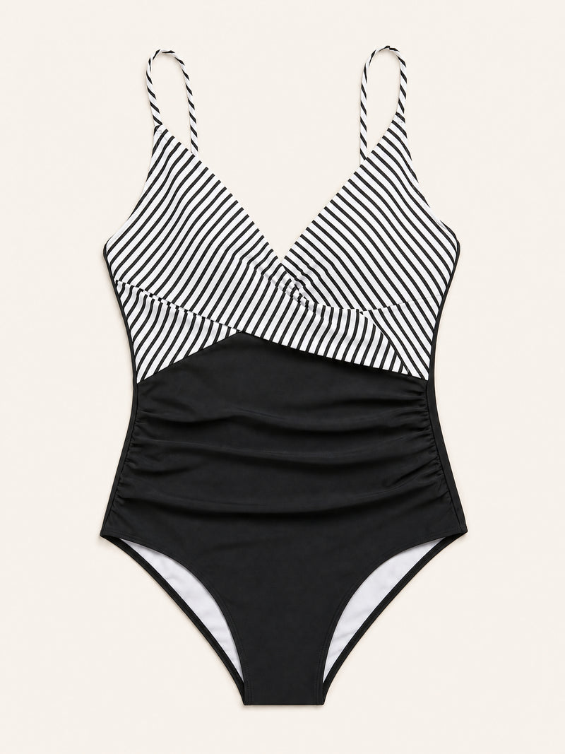Strappy Black and White Striped Nylon One-Piece Swimsuit with Ruching Detail