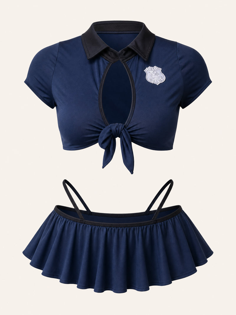 Strappy Dark Navy Blue Satin Bodysuit with Sheer Detail