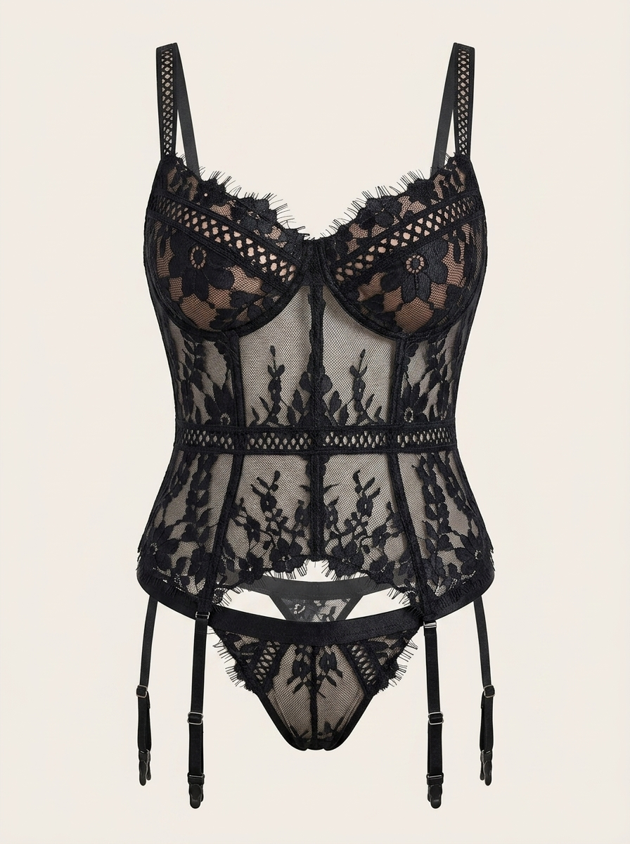 Strappy Floral Black Lace Lingerie Set with Sheer Details