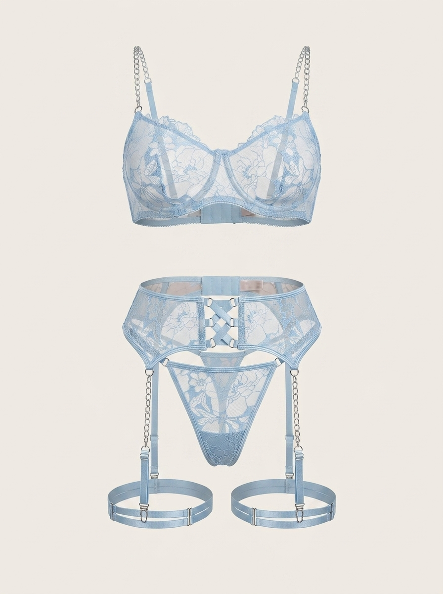 Strappy Floral Blue Embroidered Mesh Lingerie Set with Chain Detail