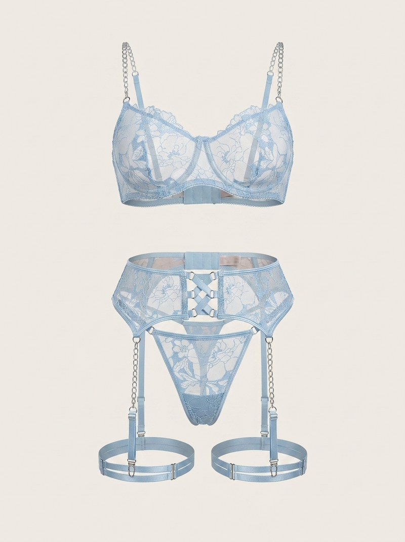Set di lingerie in mesh blu ricamato con stampa floreale, spalline e dettaglio a catena