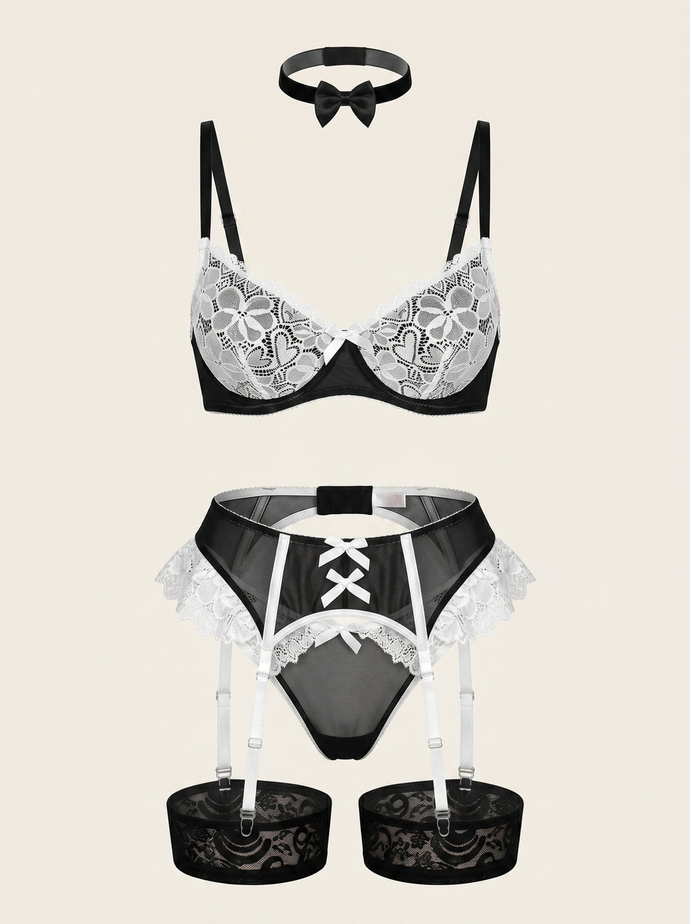 Strappy Floral White Lace Lingerie Set with Bow Detail