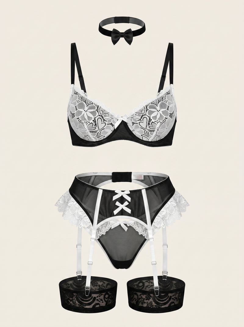 Strappy Floral White Lace Lingerie Set with Bow Detail
