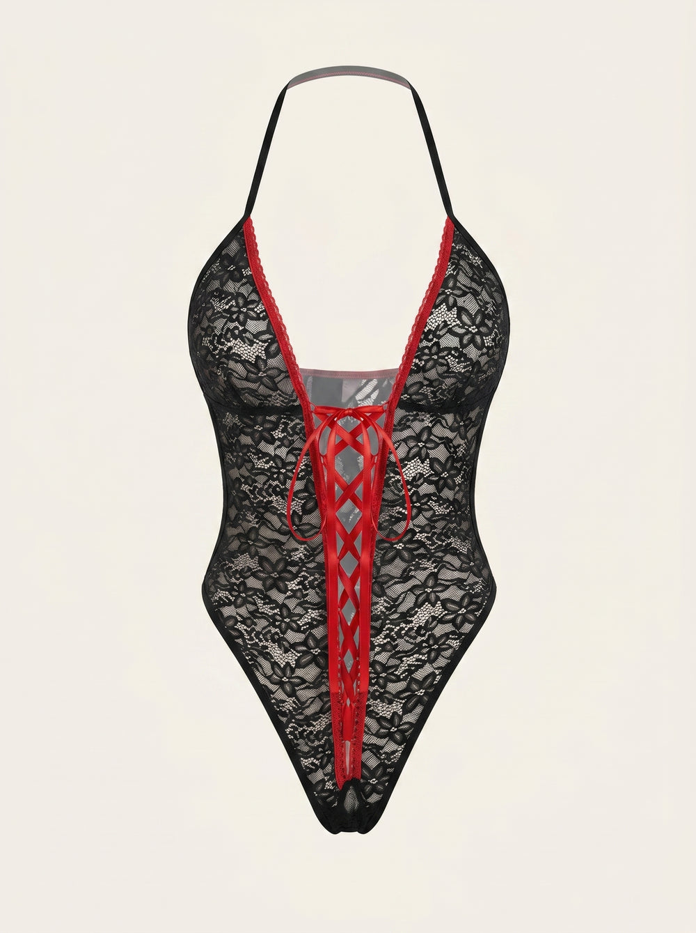 Body in pizzo nero con lacci e spalline, dettagli rossi