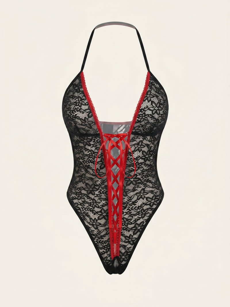 Strappy Lace-Up Black Lace Bodysuit with Red Accents