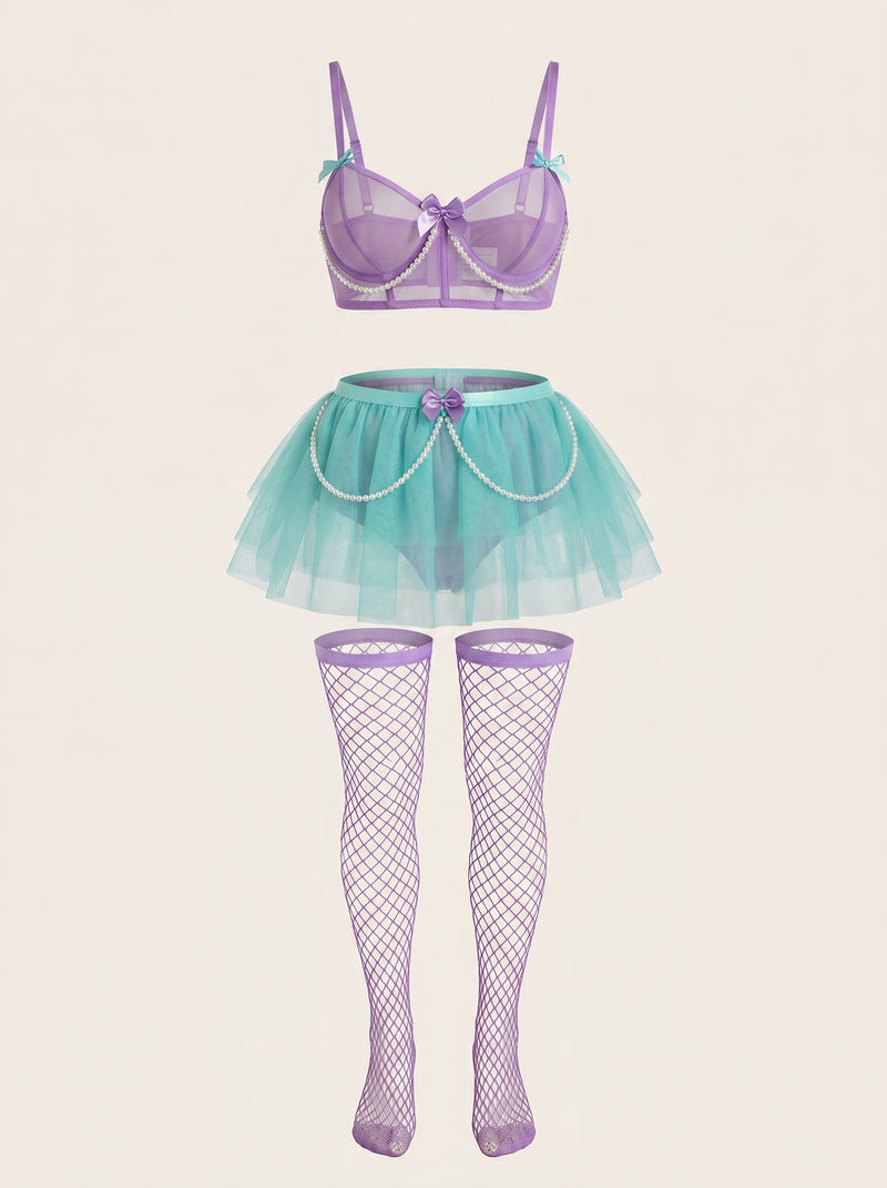 Strappy Lavender and Mint Green Mesh Bodysuit with Pearl Embellishments