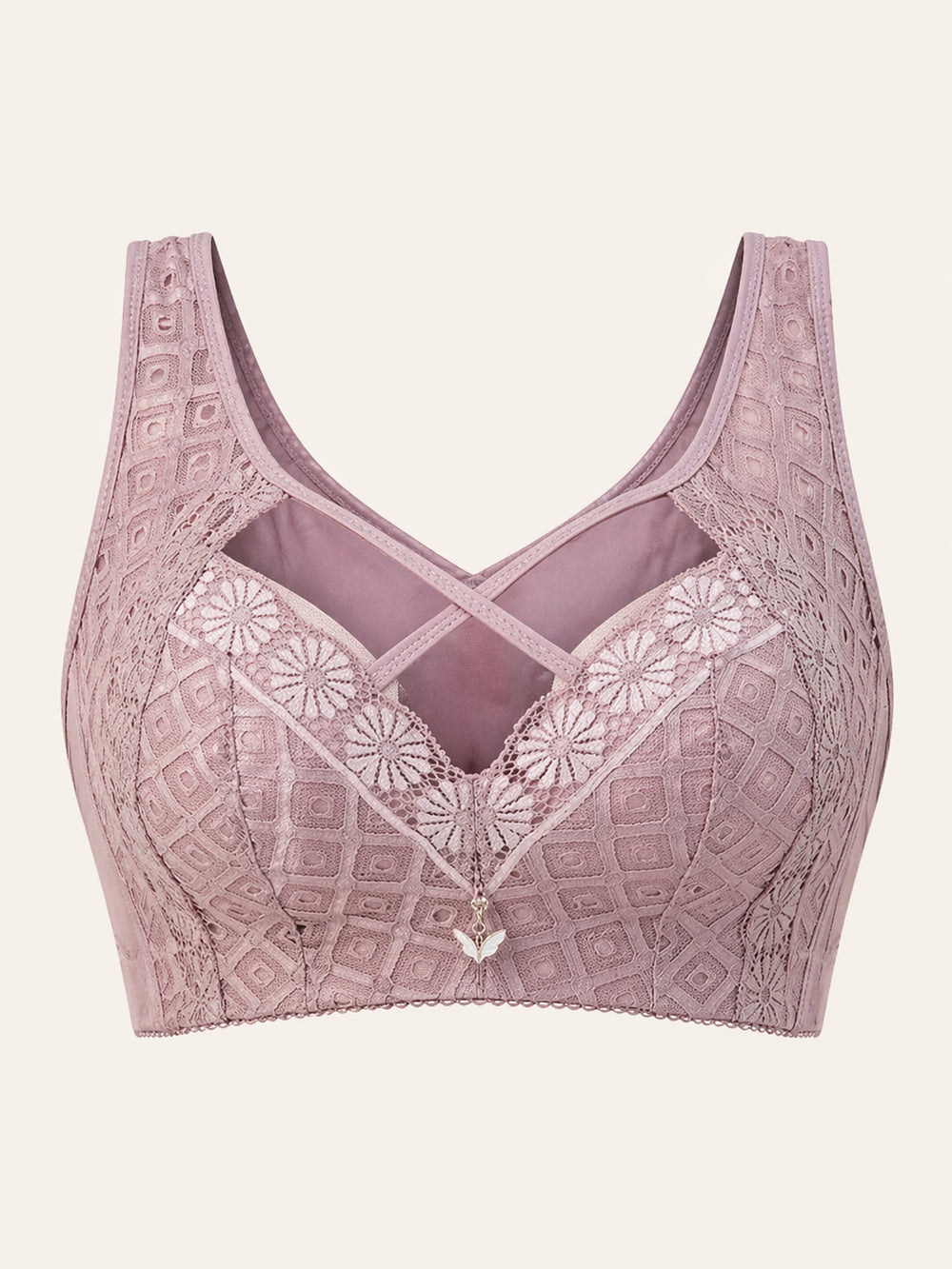 Reggiseno in pizzo color malva con spalline e pannello trasparente incrociato