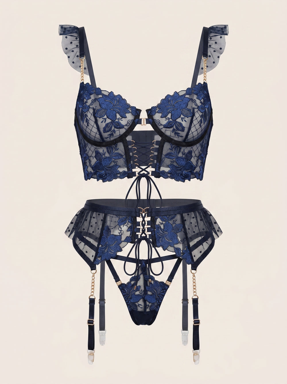 Ensemble de lingerie en dentelle florale bleu marine à brides avec porte-jarretelles