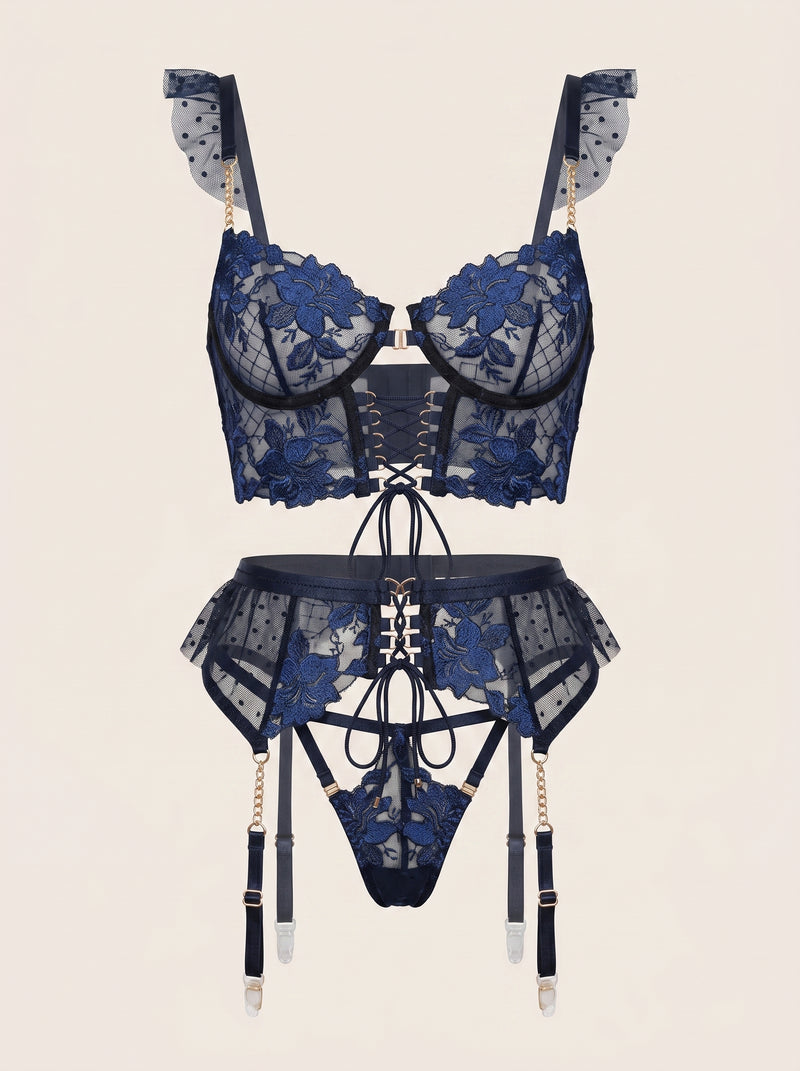 Strappy Navy Blue Floral Lace Bodysuit with Adjustable Straps