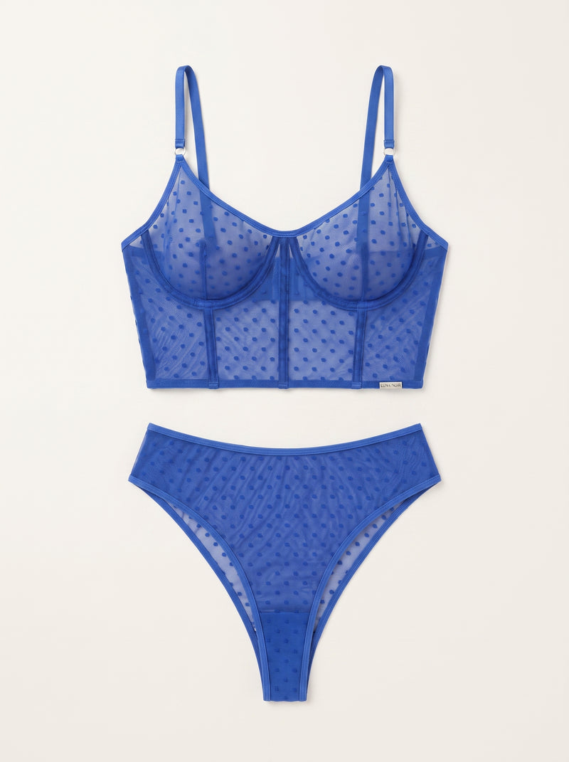 Strappy Navy Blue Mesh Bodysuit with Polka Dot Pattern