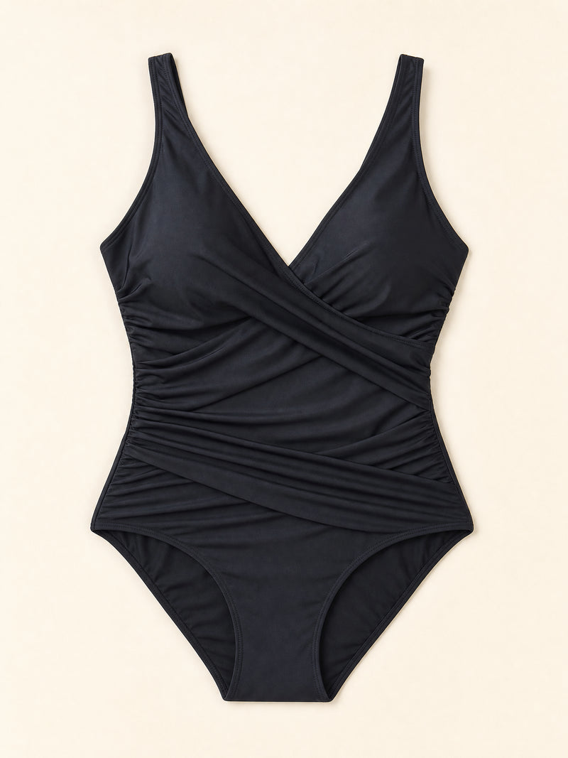 Strappy Navy Blue Stretchy One-Piece Swimsuit with Ruched Detail