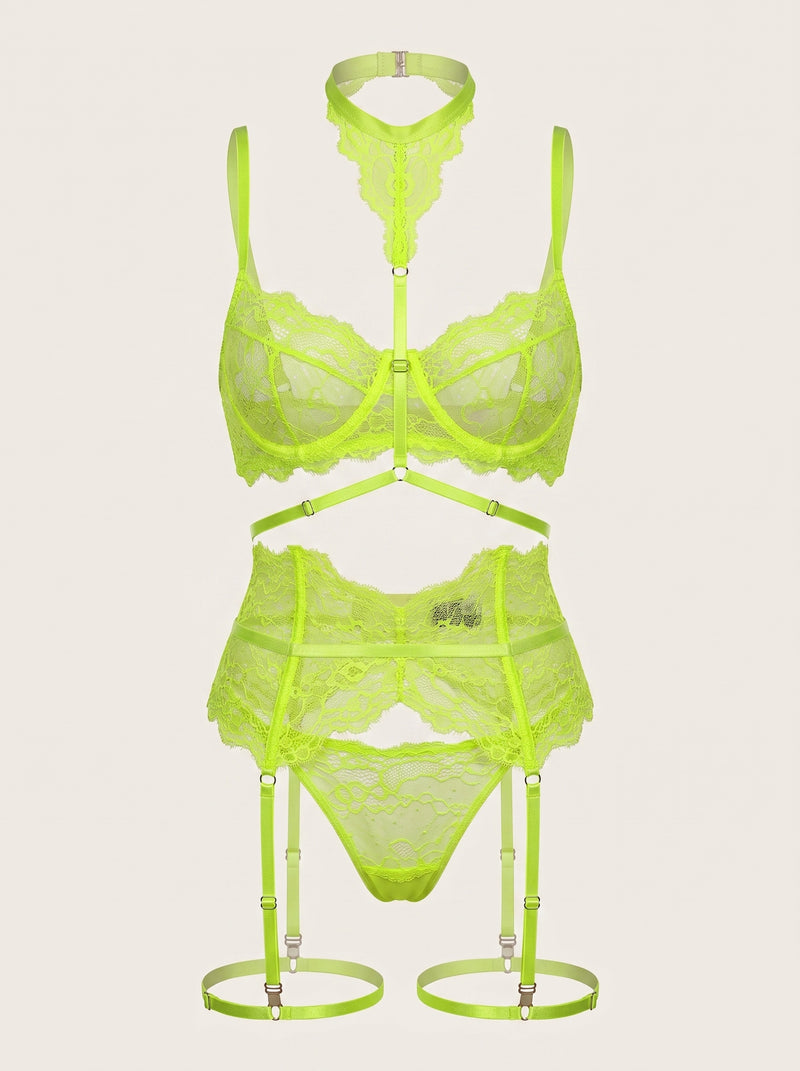 Strappy Neon Yellow Lace Lingerie Set with Sheer Design