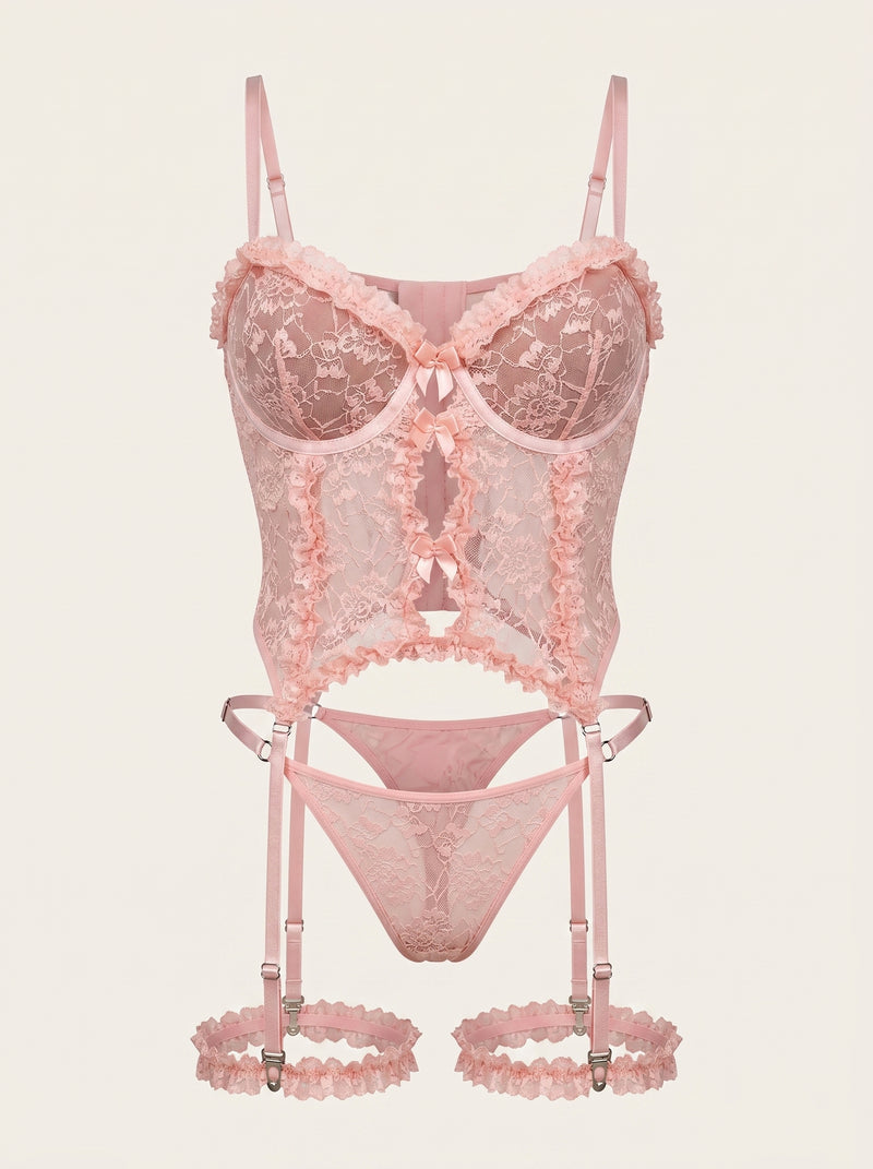 Strappy Pink Lace Lingerie Set with Cutout Details