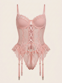 Strappy Pink Lace Lingerie Set with Garter Belt