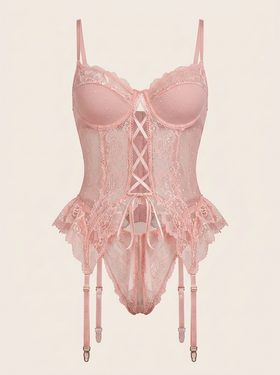 Strappy Pink Lace Lingerie Set with Stockings-Bra-Bellascena-Pink-S-bellascena