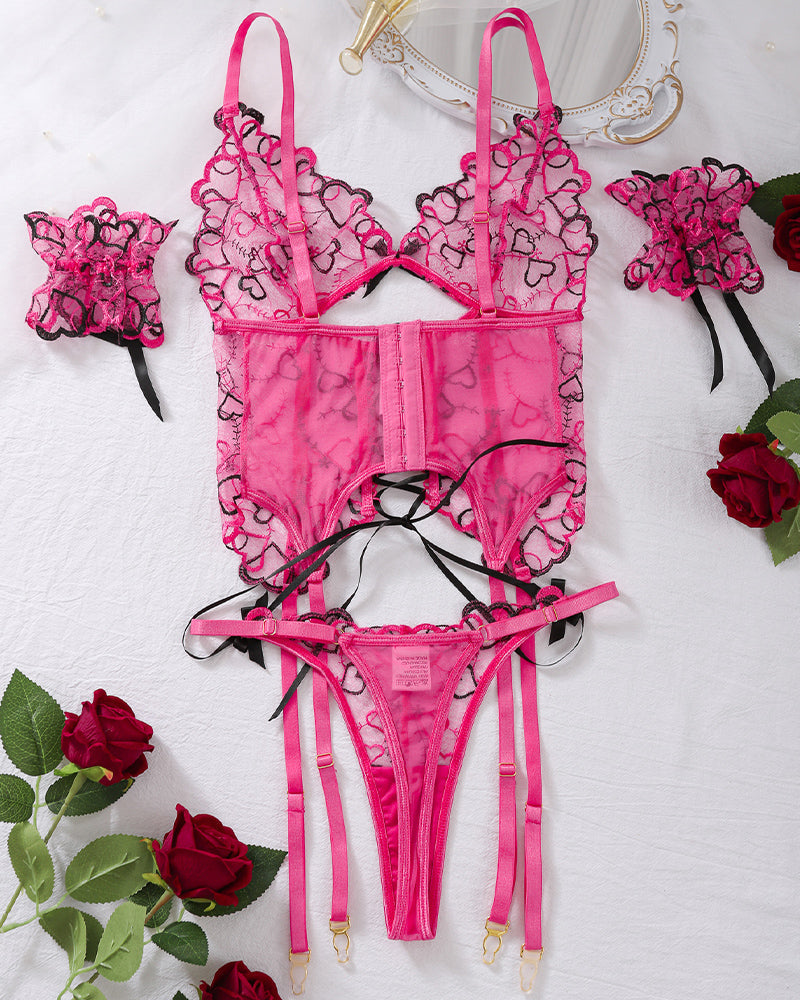 Strappy Pink with Black Heart Embroidered Lace Bra Set with Sheer Cutouts-Corset-Bellascena-bellascena