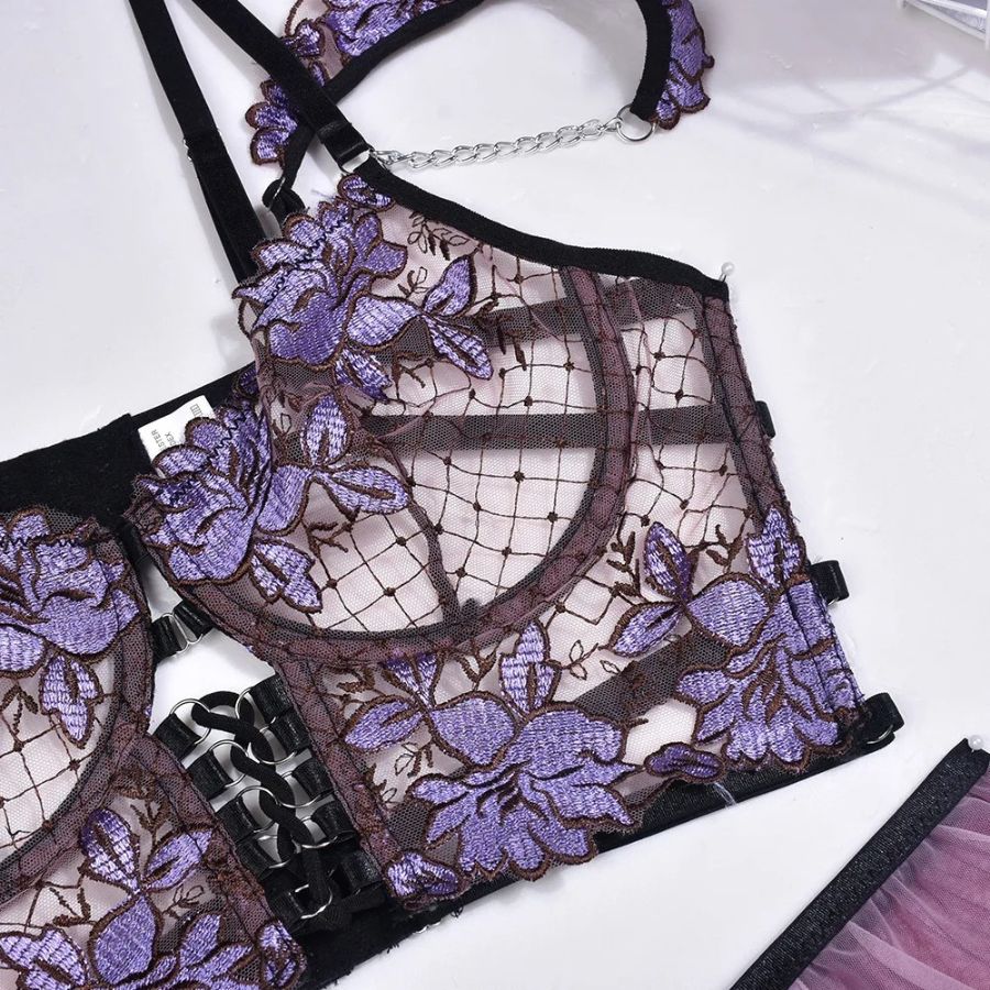 Strappy Purple Floral Lace Bodysuit with Sheer Cutouts-Bodysuit-Bellascena-bellascena