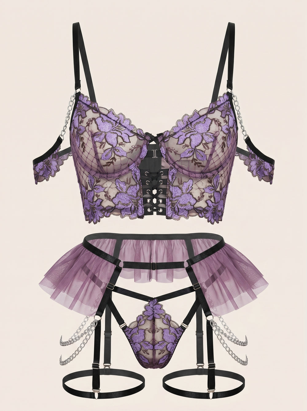 Completo di lingerie viola floreale in pizzo con spalline, reggicalze e inserti trasparenti tagliati