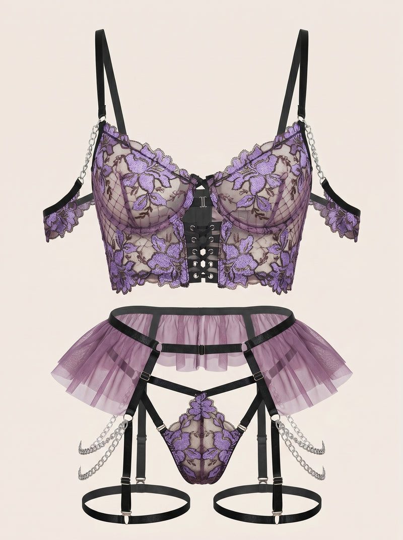 Strappy Purple Floral Lace Bodysuit with Sheer Cutouts