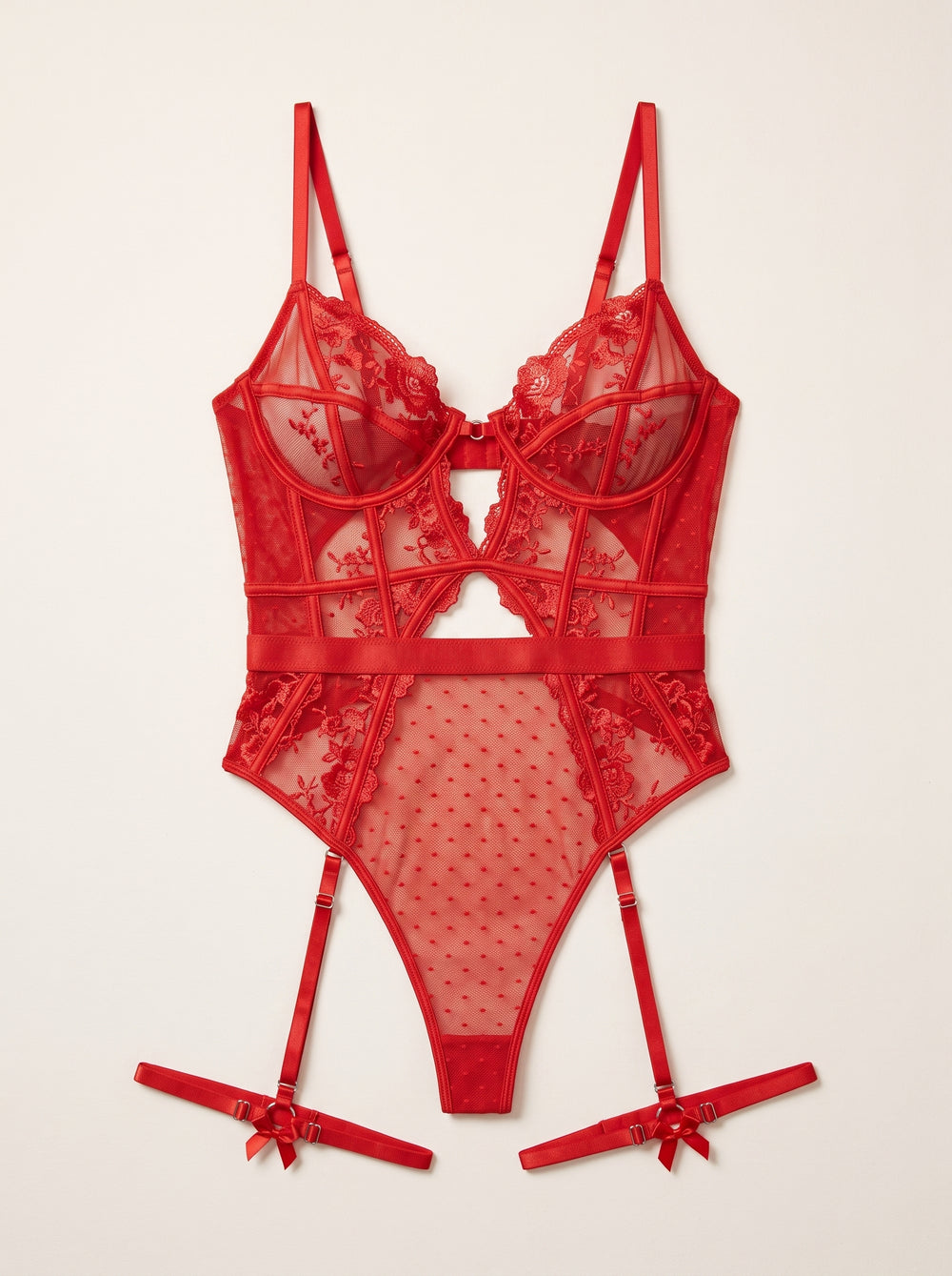 Strappy Red Lace Bodysuit with Adjustable Details