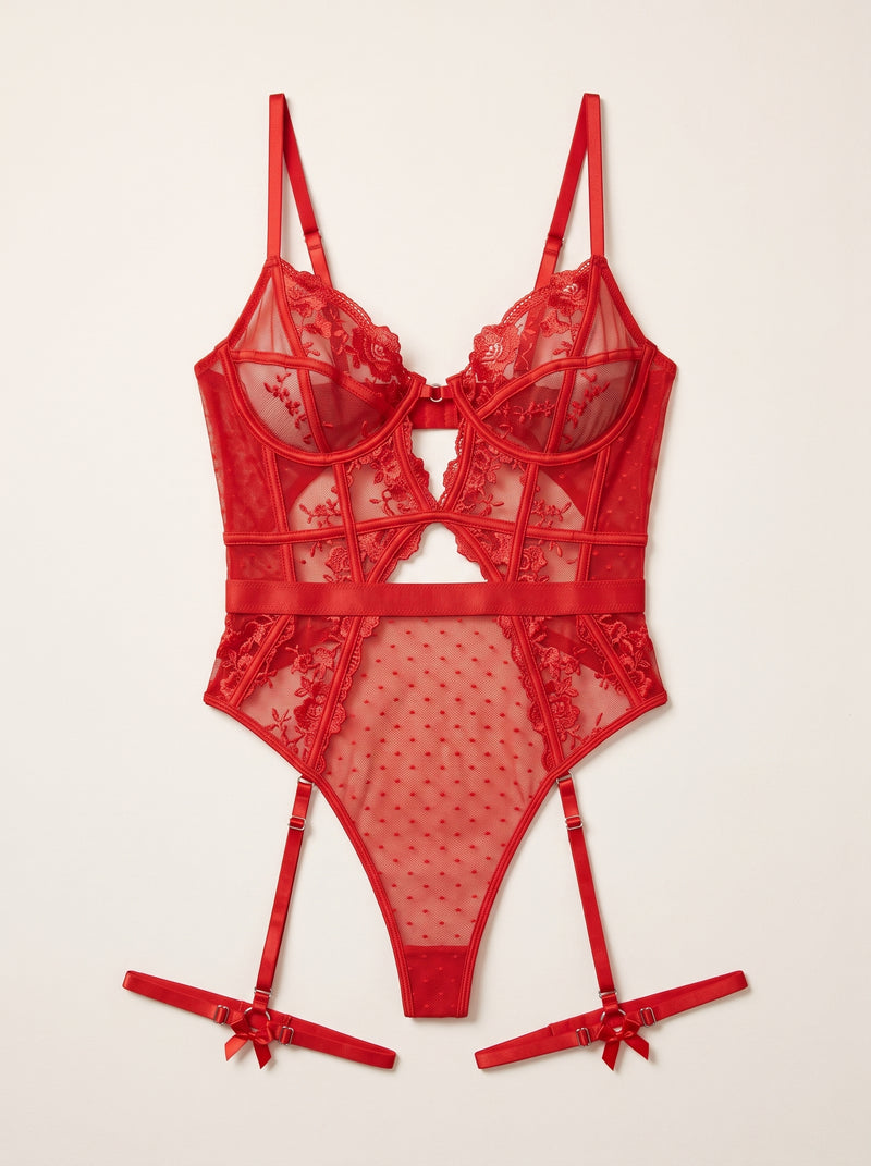 Strappy Red Lace Bodysuit with Adjustable Details