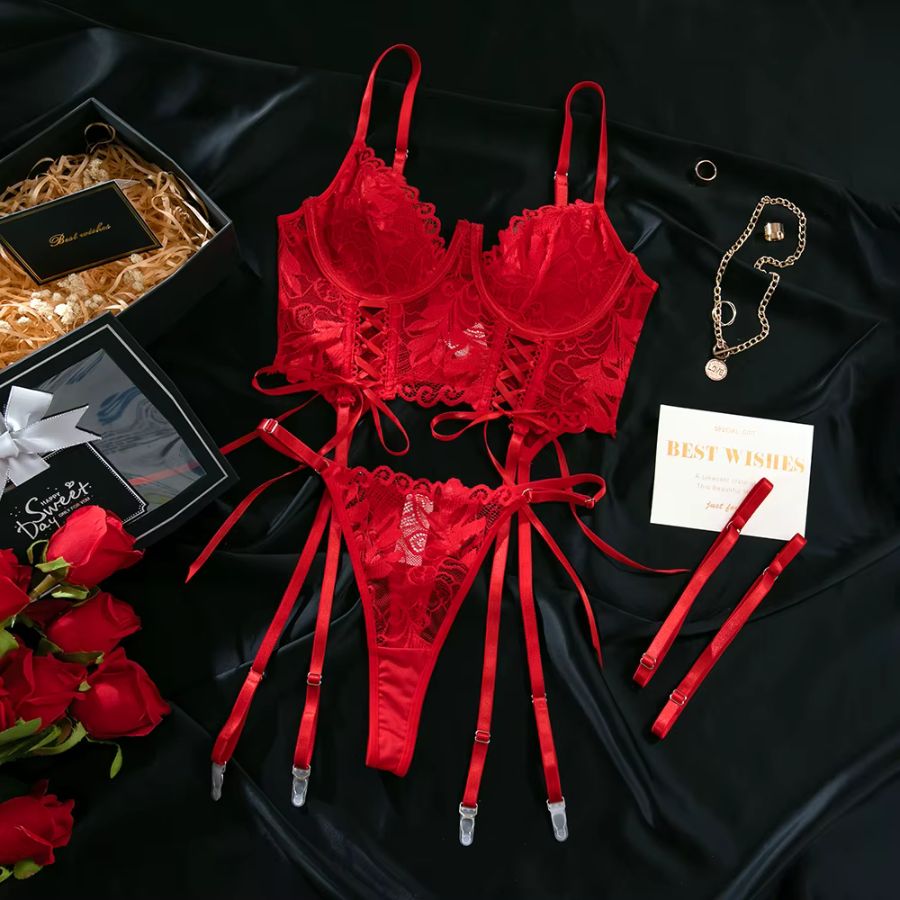 Strappy Red Lace Bodysuit with Lace-Up Detail-Bodysuit-Bellascena-bellascena