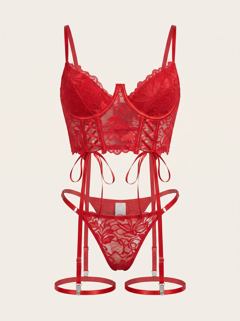 Strappy Red Lace Bodysuit with Lace-Up Detail