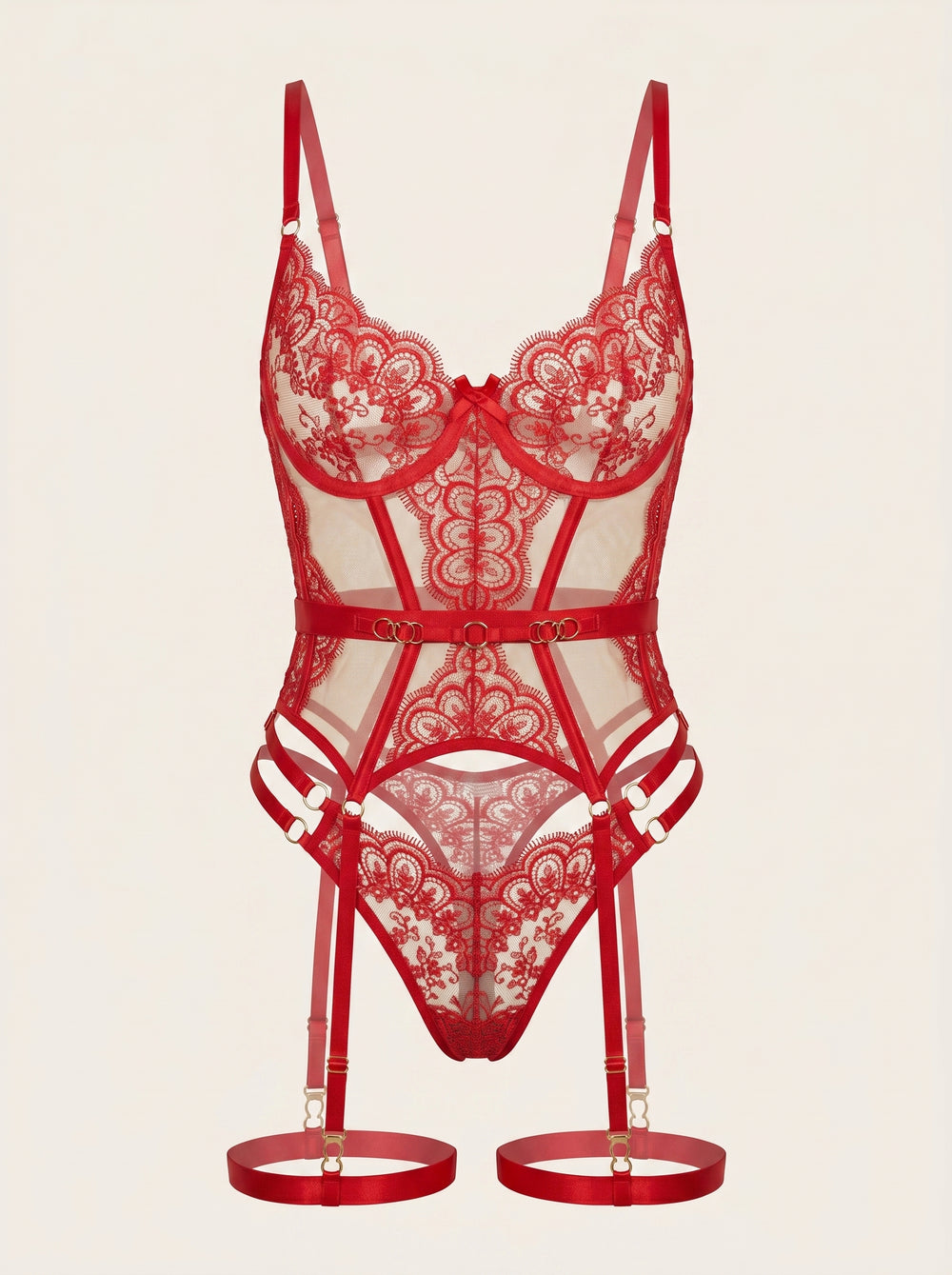 Strappy Red Lace Bodysuit with Sheer Cutout Design